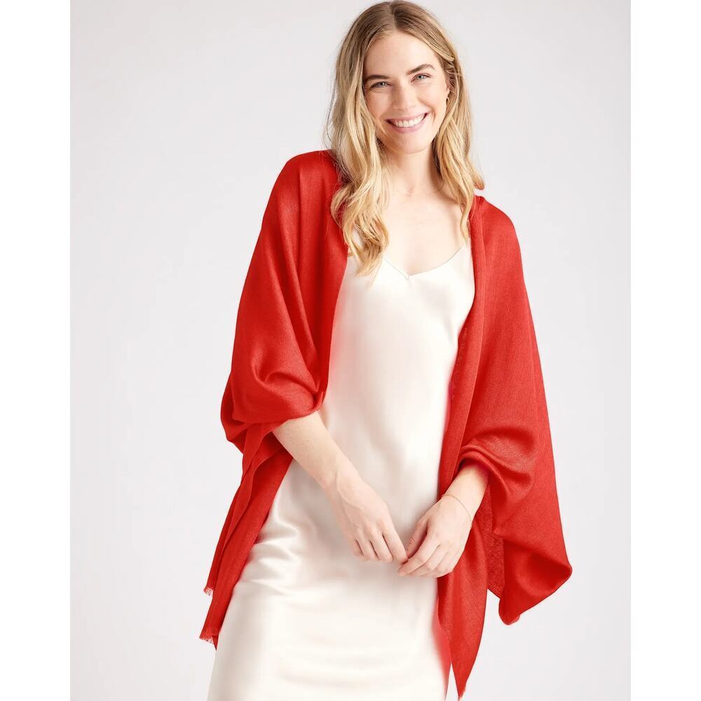 Quince Featherweight Cashmere Silk Frayed Edge Scarf in Red MSRP $225 sold out - Picture 2 of 5